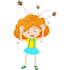 Young Girl With Red Hair Scratching Head Surrounded By Fleas And Bugs Illustration On White Background