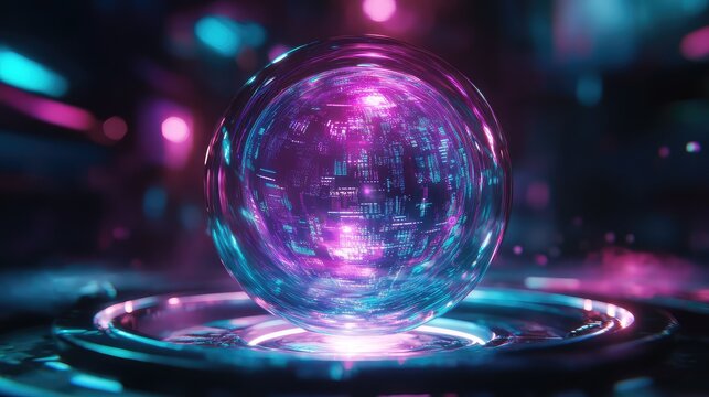 Digital data sphere displaying futuristic glowing neon cyber technology