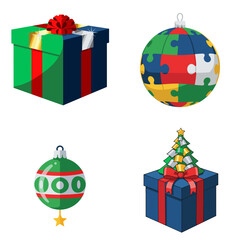 Collage of Christmas attributes - gift boxes and Christmas balls in a colorful vector style