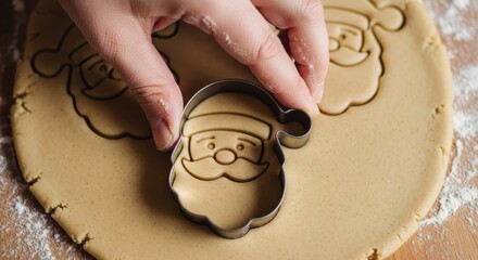 Close-up of a hand pressing a Santa-shaped cookie cutter into dough.