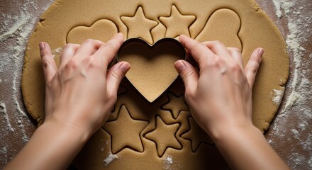 Close-up of a hand pressing a heart-shaped metal cookie cutter into dough.