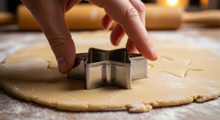 Close-up of a hand pressing a star-shaped metal cookie cutter into dough.