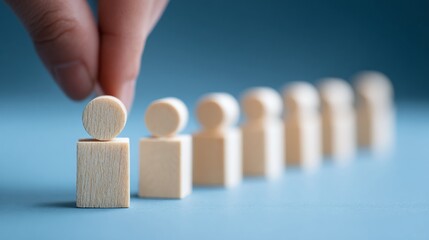 Elevating leadership & potential. Hand placing a wooden figure atop others, symbolizing promotion, selection, growth, and new beginnings. Teamwork and individuality.
