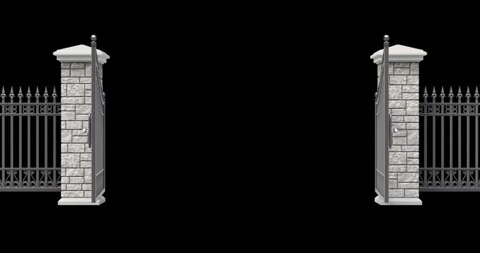 Opening iron gate on - 3D animation isolated on transparent background

