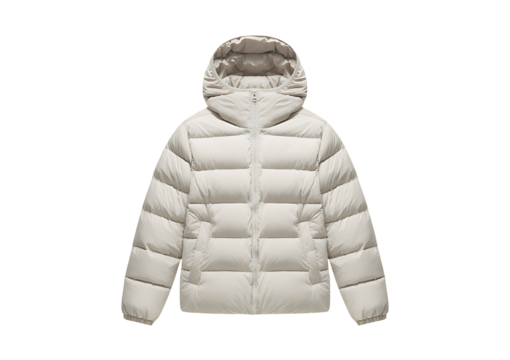 Front view of an insulated puffy down jacket in a light beige color with a hood and zippered pockets on a transparent background