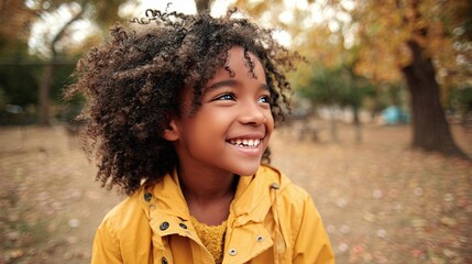 A joyful young girl with curly hair and a bright yellow coat smiles against a blurred backdrop of autumn leaves and trees, radiating youthful happiness and wonder.