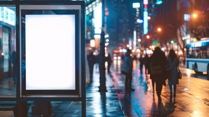 Obraz premium A blank advertising poster mockup at a night-time Bus stop.