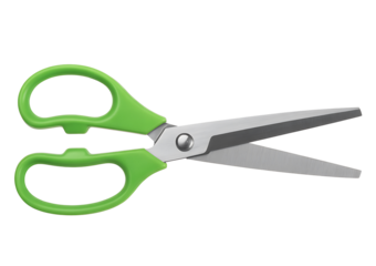 Pair of green-handled scissors with open blades, made of plastic and metal, positioned horizontally on transparent background
