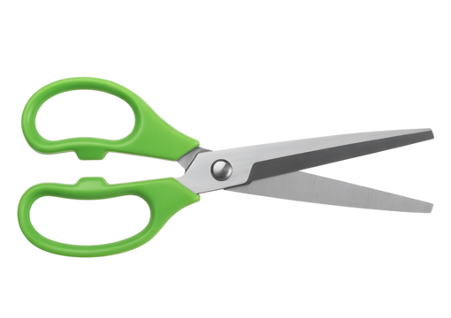 Pair of green-handled scissors with open blades, made of plastic and metal, positioned horizontally on transparent background