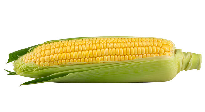 Single ear of fresh yellow corn with green husks partially peeled back to reveal golden kernels on transparent background