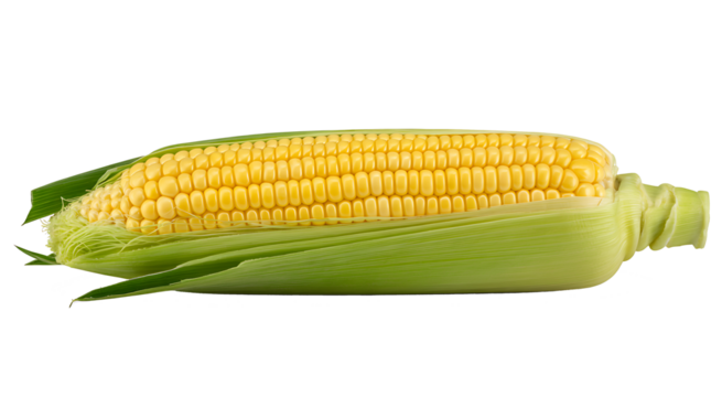 Single ear of fresh yellow corn with green husks partially peeled back to reveal golden kernels on transparent background