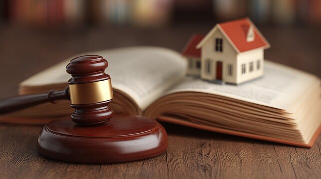 Home law concept with a gavel and a miniature house atop a book. Represents legal aspects of real estate, housing regulations, property rights, and homeownership law.