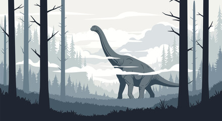 Majestic dinosaur wanders through a misty, ancient forest landscape, evoking prehistoric wonder and adventure, perfect for educational or creative projects © Gimhana