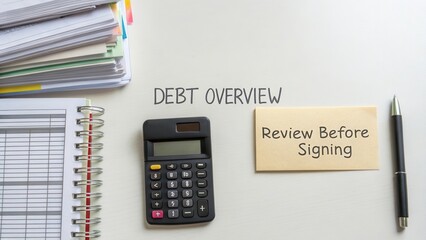 Comprehensive Debt Overview with Calculator on Desk, Review Before Signing Important Documents and Financial Statements