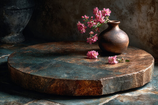 Copper disc platform on slate floor with soft lighting and moody vignette