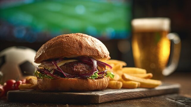 Game night delights: Indulge in a juicy burger with crispy fries and a refreshing beer while watching the game. The perfect pairing for a winning evening! #GameNight