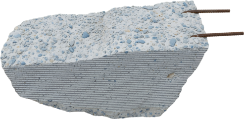 Close up of a rough concrete slab with visible aggregate showing layered texture and two rusty rebar protrusions construction