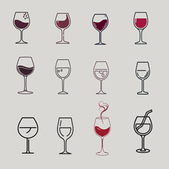 wine glass icons collection vector illustration, elegant wine glass icons set for beverage branding, modern wine glass icons design for menu and lifestyle graphics