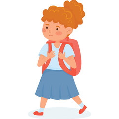 Young Girl With Red Curly Hair In A Light Blue Shirt And Blue Skirt Carrying A Red Backpack Walks Happily