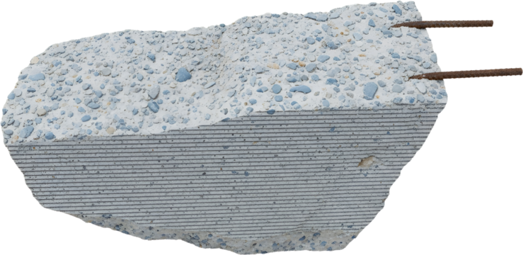 Close up of a rough concrete slab with visible aggregate showing layered texture and two rusty rebar protrusions construction
