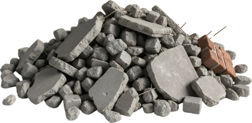 Pile of broken concrete rubble and brick fragments with exposed rebar pieces scattered construction debris material waste