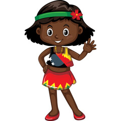 Young Girl With Dark Skin Waving Hello Wearing A Traditional Outfit Decorated With Papua New Guinea Flag Colors And Pattern On A Transparent Background