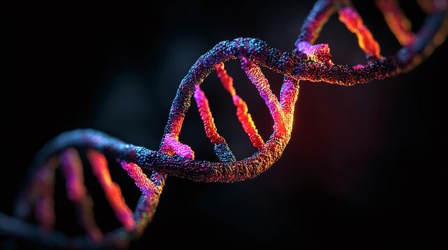 Close-up of a DNA strand against a black background, lit with vibrant pink and orange hues. The structure displays a spiral design with intricate detail, representing genetics.