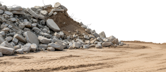 Pile of broken concrete rubble and rebar on sandy ground with tire tracks debris construction demolition waste materials