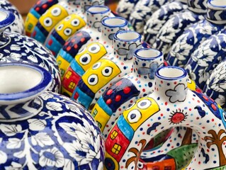 Hand made colorful ceramic pottery. Hand painted pottery. Traditional pottery fair in Pune, India.