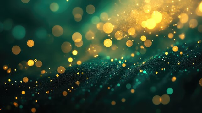 Flickering gold and teal particles flowing in abstract light