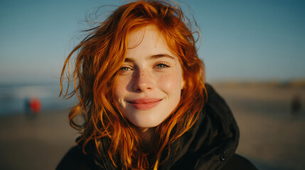 portrait of a happy young woman with vibrant red hair smiling brightly at the camera on a beach showing a joyful carefree mood and the beauty of a calm ocean setting