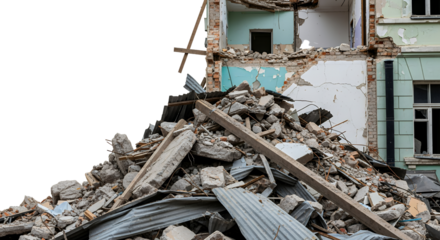Pile of rubble from a destroyed building with exposed bricks concrete debris and corrugated metal sheets demolition destruction