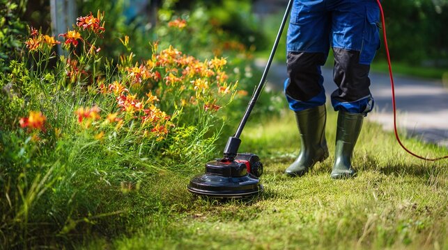 A person mows the lawn with an electric lawnmower in a vibrant garden, where orange flowers bloom. The lawn is neatly trimmed, and the scene captures the essence of summer.
