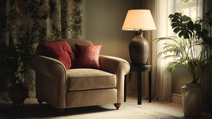 cozy home environment with armchair reading corner and wooden side table