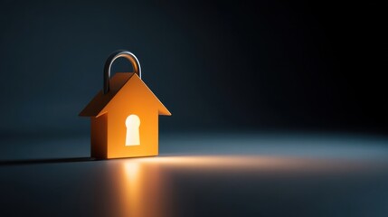 A three-dimensional orange house-shaped padlock with a visible keyhole, illuminated from the front,