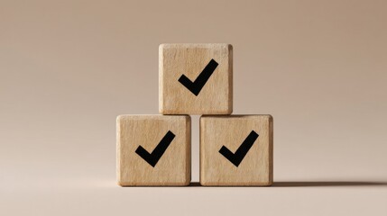 Three geometric wooden blocks stacked in a triangular shape, featuring checkmarks symbol isolated on each cube,