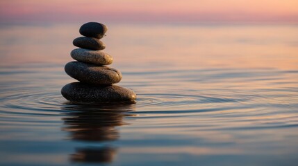 A stack of stones balanced on an irregular rock partially submerged in calm water with ripples,