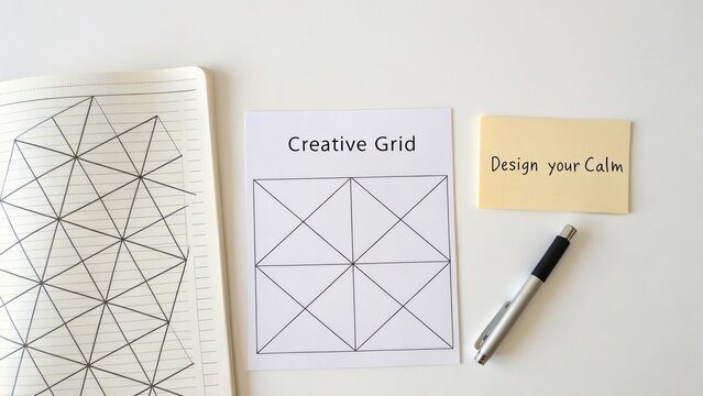Creative grid layout design with notebook and motivational note for productivity and calmness in workspace setting