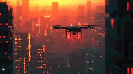 Drone flying over futuristic cyberpunk city at sunset