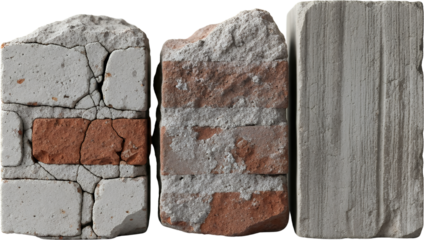 Three sections of brickwork showing textures of cracked mortar exposed red brick layers and a smooth gray concrete surface with vertical lines