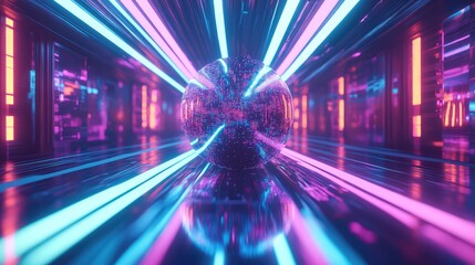 Digital data sphere in futuristic neon tunnel