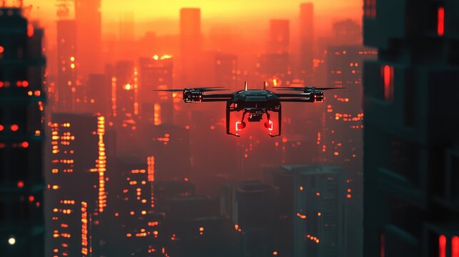 Drone flying over futuristic cyberpunk city at sunset