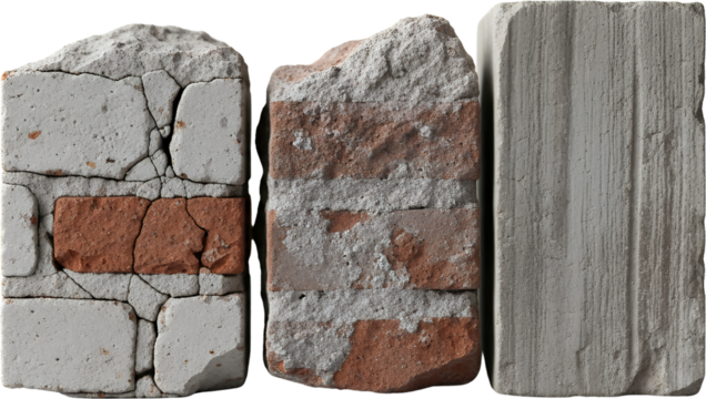 Three sections of brickwork showing textures of cracked mortar exposed red brick layers and a smooth gray concrete surface with vertical lines