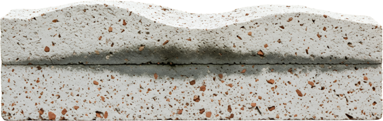 Detailed close up of a textured porous concrete building block featuring embedded aggregate and a dark horizontal joint line