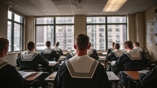 Naval Cadets attend class with concentration, the navy whites standing out against the dark uniforms. City buildings are visible through the classroom windows.