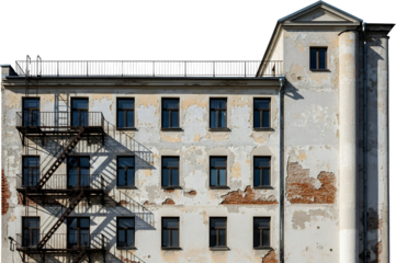 Old apartment building facade featuring peeling paint exposed brick dark framed windows and a rusty fire escape casting shadows