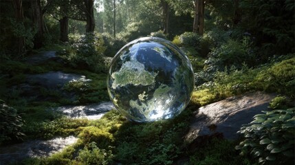 A large transparent sphere depicting Earth sits within a lush green forest,