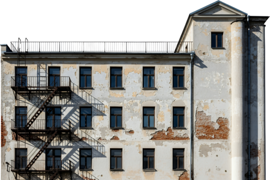 Old apartment building facade featuring peeling paint exposed brick dark framed windows and a rusty fire escape casting shadows