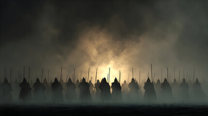 Mysterious medieval battlefield with silhouetted phalanx warriors at dusk