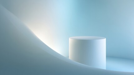 A minimalist scene features a simple white pillar against a soft blue background with dramatic lighting highlighting dri